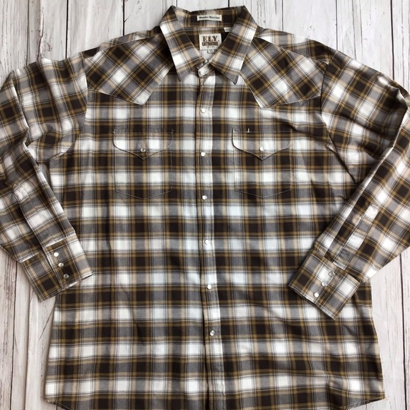 Ely Cattleman Mens Brown Plaid Snap Button Shirt - Picture 5 of 9